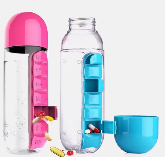 Botella de agua portátil con pastillero incorporado
